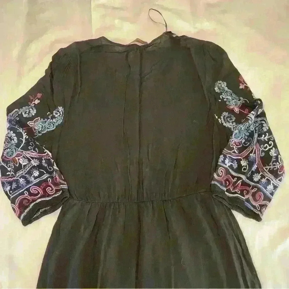 Embroidered ReneeC Black Multicolor Print Boho Maxi Dress Bohemian Peasant Lined - Picture 9 of 9